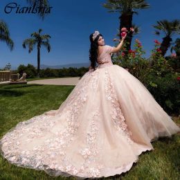 Champagne Sweetheart Beading Crystal Ball Gown Quinceanera Dresses 3D Flowers Appliques Lace Corset Vestidos De 15 Anos