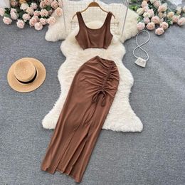 Work Dresses Split Sexy Fashion Two Pieces Suits Summer Mini Camis Elastic Drawstring Slim Midi Long Skirt Sets Women Solid