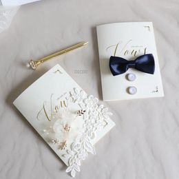 Party Supplies 2 Pcs White Wedding Favors Bride Groom Vows Pink Oath Card Lace Men's Bow Tie Decora Free Pen His & Her Sworn Book