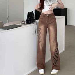 Women's Jeans Letter Graffiti Women Brown Loose Straight Denim Trousers Pockets Grinding Y2k Baggy Pants 18-24 Years Olds