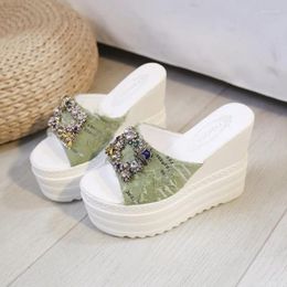 Dress Shoes Summer Women's High Heels Fashion Fish Mouth Wedges Sandals Platform Slides Rhinestone Metal Sequins Buckle Ladies Pumps