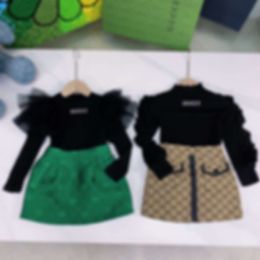 Women's T-shirt Children's 22 Autumn Girls' High-end Foreign Style Small Fly Sleeve Long Round Neck Full Printed Skirt