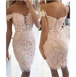 New Cheap Blush Pink Lace Cocktail Dresses Off Shoulder Cap Sleeves Knee Length Crystal Short Sheath Celebrity Prom Party Homecomi7107297