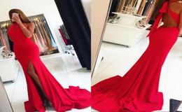 2019 Charming Red Prom Dresses Leg Slits Backless Sweep Train Side High Split Evening Dresses Long Pleats Sexy Back Party Dress Ch4153959