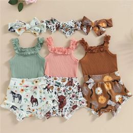 Clothing Sets 0-18months Baby Girl 3pcs Shorts Outfits Off Shoulder Romper Tops Bull Print Short Pants Head Band Infant Girls Clothes Set