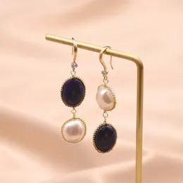 Stud Earrings Natural Baroque Pearl Drop Round Lapis Lazuli Long Dangle Lace Handmade Party Wedding Jewellery Gift