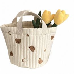 bear Embroidery Women Lunch Bag Soft Canvas Quilting Design Food Storage Bucket Handbag Makeup Cosmetic Organizer Small Tote J5aV#