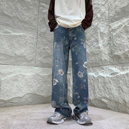 Dayangge's Same Style Jeans Wide Legged Lazy Flower Print Loose American High Street Men's Pants GJ165P60