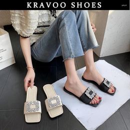 Slippers KRAVOO Shoes For Women Rhinestone Square Buckle Peep Toe Low Heels Women's Sandals Beach Slides 2024 Summer