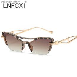 Sunglasses LNFCXI Cat Eye Vintage Half Frame Sunglasses Women Retro Brand Quality Shades Sun Glasses Gradient Metal Frame Oculos De Sol Y240416