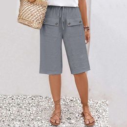 Women's Pants Women Fashion Solid Buttoned Pant Double Pocket Lace Up Loose Casual Trousers Holiday Beach Summer Shorts