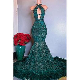 Aqua Green Luxurious Mermaid Prom Dresses With Feather Halter Neck Keyhole Sequined Beads Ruched Long Evening Gowns Formal Vestidos BC