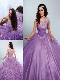 2018 Purple Rhinestones Quinceanera Dresses Bling Jewel Neck Sweet 16 Masquerad Ball Gowns Organza Lavender Crystal Debutante Raga8720252