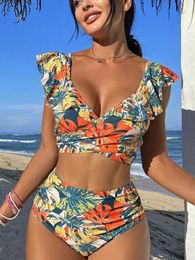 Women Retro Print Summer Push Up Swimwear High Waist Bikini Set Bathing Suit Beachwear Female Holiday Swimsuit Swimming 240411