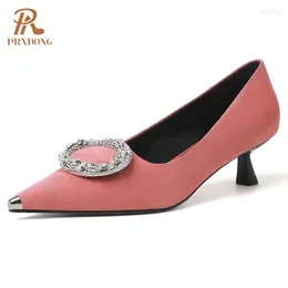 Dress Shoes PRXDONG 2024 Brand Fashion Spring Summer Real Leather Med Heels Pointed Toe Blue Pink Party Office Lady Pumps Size 40