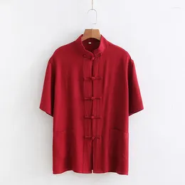 Ethnic Clothing Chinese Style Standing Collar Button Up Top Solid Colour Loose Casual Hanfu Shirt Martial Arts Practise Clothes Women&Men