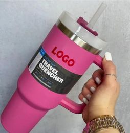 With LOGO Pink Cups 40oz Mug Tumbler with Handle Insulated Lids Straw Stainless Steel Coffee Termos Cup Vacuum Insulated Blue Orchid Water Bottles E0416
