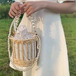 Bag Fashion Rattan Pearls Chain Women Shoulder Crossbody Bags Wicker Woven Beading Handbags Handmade Summer Beach Straw Bucket