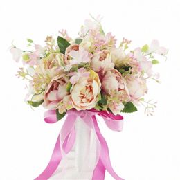 holding Frs Artificial Natural Pey Wedding Bouquet with Silk Satin Ribb Pink White Champagne Bridesmaid Bridal Party u38S#