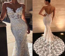 Gorgeous Open Back SpaghettiStraps Mermaid Wedding Dresses Leaves Lace Zipper Back Fashion Bridal Wedding Gowns Illussion Top 2014305570