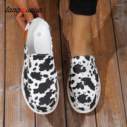 Casual Shoes Plus Size Spring Autumn No Heel Canvas Cow Print Women Fashion Designer Women's Vulcanize Half Slippers Ladie