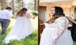 Plus Size Lace Long Sleeve Country Garden Wedding Dresses Sexy Sheer V Neck Illusion Back Tulle Long Bridal Gowns Custom Made9892567