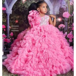 Pink Organza Pageant Quinceanera Dresses For Little Girls Halter 3D Floral Flowers Lace Flower Girl First Communion Dress Formal Wear Prom Gowns