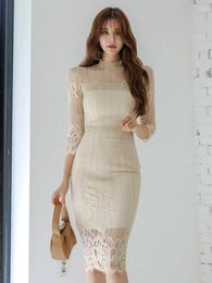 Casual Dresses Korean Fashion Lady Lace Evening Dress Women Clothes Chic Elegant Office See Through Sexy Stand Neck Slim Party Prom Vestido