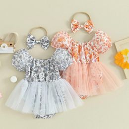 Clothing Sets Baby Girls Flower Print Short Sleeve Mesh Tulle Skirt Hem Infant Rompers Dress Summer Clothes With Headband 2 Pieces Set