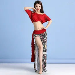 Stage Wear Professional Bellydance Clothes For Women 2 Piece Modal Oriental Dancer Show Outfit Short Sleeve Blouse Print Long Skirt Sexy