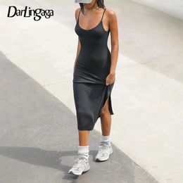 Casual Dresses Streetwear Spaghetti Strap Bodycon Summer Midi Dress Backless Solid Basic Sexy Women Split Holidays