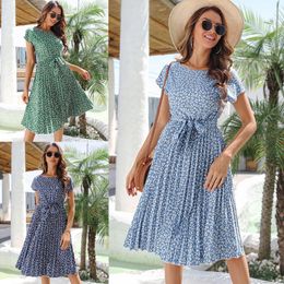 Womens Spring And Summer Casual Short Sleeved Floral Lace Up Dress Pleated Skirt 955