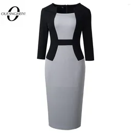 Casual Dresses Autumn Women Classic ColorBlock Wear To Work Office Vintage Bodycon Slim Dress EB784