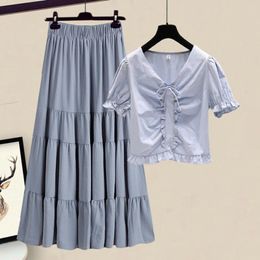 Work Dresses Women's Solid Color Casual Summer Set V-neck Ruffle Design Short Sleeved Shirt Top Long A-line Skirt Two Piece Sets