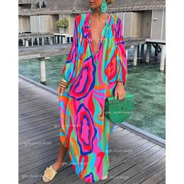 Casual Dresses Women Vintage Maxi Designer Dresses Summer Sexy Deep V Neck Long Sleeve Boho Print Long Dress Female Beach Cover Up Elegant Robe Summer Clothing S 245