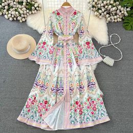 Casual Dresses Ethnic Bohemian Spring Holiday Maxi Dress 2024 Vintage Women's Stand Collar Flare Sleeve Flower Printed Split Long Vestidos
