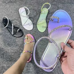 Sandals Womens 2024 Summer Footwear with Colourful Water Diamond New Design Luxury Open Toe Vacation Beach Ladies Flat Shoes H240416