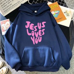 Women's Hoodies 2024 Jesus Loves Me Letter Funny Prints Women Autumn Warm Sweatshirt Fleece All-Match Clothes Pocket Oversized Hoody