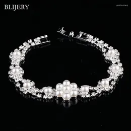 Link Bracelets BLIJERY Bridal Simulated Pearl Flower For Women Silver Colour Crystal Femme & Bangles Wedding Party Jewellery