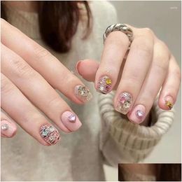 False Nails Cute Leopard Print Star Heart Crystal Pink Glitter Powder Lovely Rhinestones Short Square Fake Art Nail Tips Glue Manicur Dhbv6