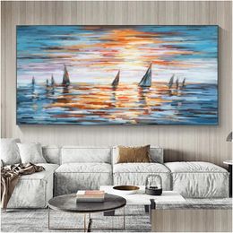 Paintings Sailboat Oil Painting Printed On Canvas Wall Art For Living Room Modern Home Decor Sunset Seascape Landscape Colorf Drop D Dh34B
