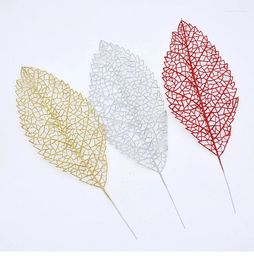 Decorative Flowers 15PCS 30CM For Christmas Decoration Artificial Plastic Leaf Xmas Leaves Gold Dust Powder Silver Red