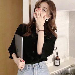 Women's Blouses Black Retro Vintage Chic Tops Blusas Women Flhjlwoc Cute Summer Short Sleeve Korea Japan Style Design Button Blouse Shirts