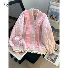 Women's Knits Xgoth Sweaters V-neck Ruffles Patchwork Knitted Cotton Jacket Autumn/winter Loose Casual Cardigans Preppy Clothes