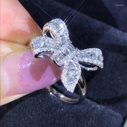 Cluster Rings Est Silver Colour Bow Ladder Square White Zircon Ring For Women Wedding Party Engagement Jewellery Gift