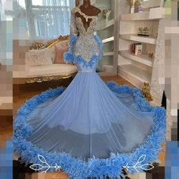 Baby Blue Prom Dresses For Black Girl 2024 Sparkly Diamond Feather Mermaid Evening Gowns One Shoulder Long Sleeve