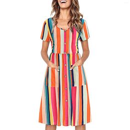 Casual Dresses Mid Dress Women Button Sunmmer Down Women's Skater V With Pockets Neck Ladies Summer