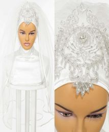 Muslim Wedding Bridal Veils 2022 Rhinestones Crystals Bridal Hijab Head Covering Elbow Length Islamic Turban for Brides 2Layers H6867740