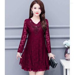 Casual Dresses Elegant V-Neck Spliced Gauze Embroidery Beading Lace Dress Women's Clothing 2024 Spring Summer Loose Office Lady Mini