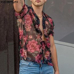 Men's Casual Shirts INCERUN Tops 2024 American Style Fashion Mens Rose Pattern Printed Sexy Streetwear Thin Short Sleeved Blouse S-5XL